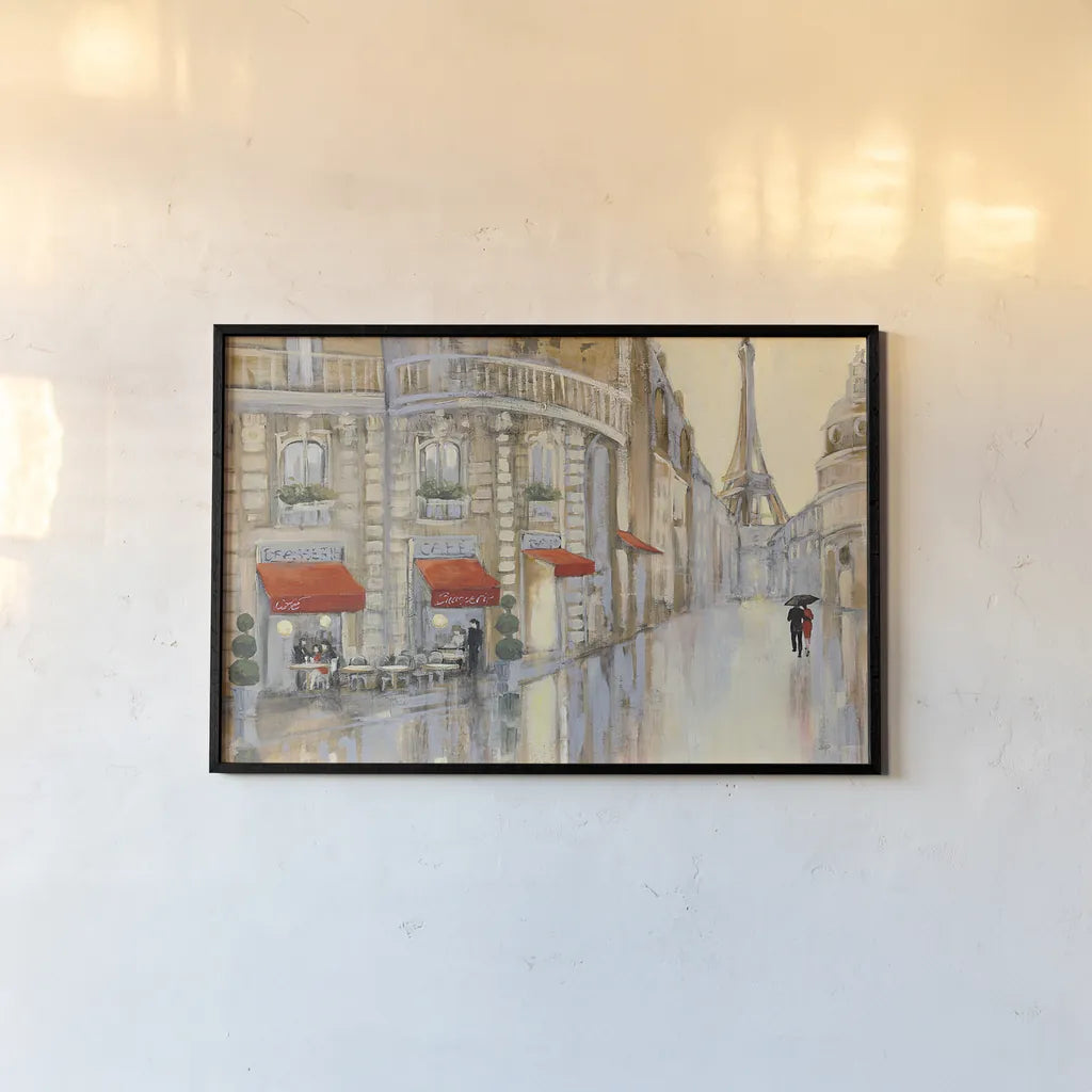 Touring Paris Couple by Julia Purinton. shown as a paper print in a black flame. Available as a archival giclee rolled canvas, fine art paper, or poster print. SKU 18793i.