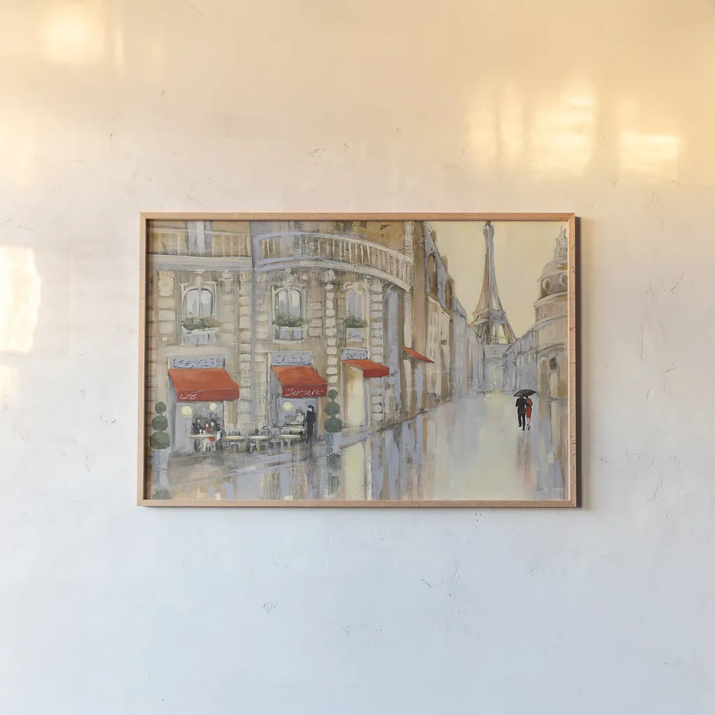 Touring Paris Couple by Julia Purinton. shown as a paper print in a natural frame. Available as a archival giclee rolled canvas, fine art paper, or poster print. SKU 18793i.