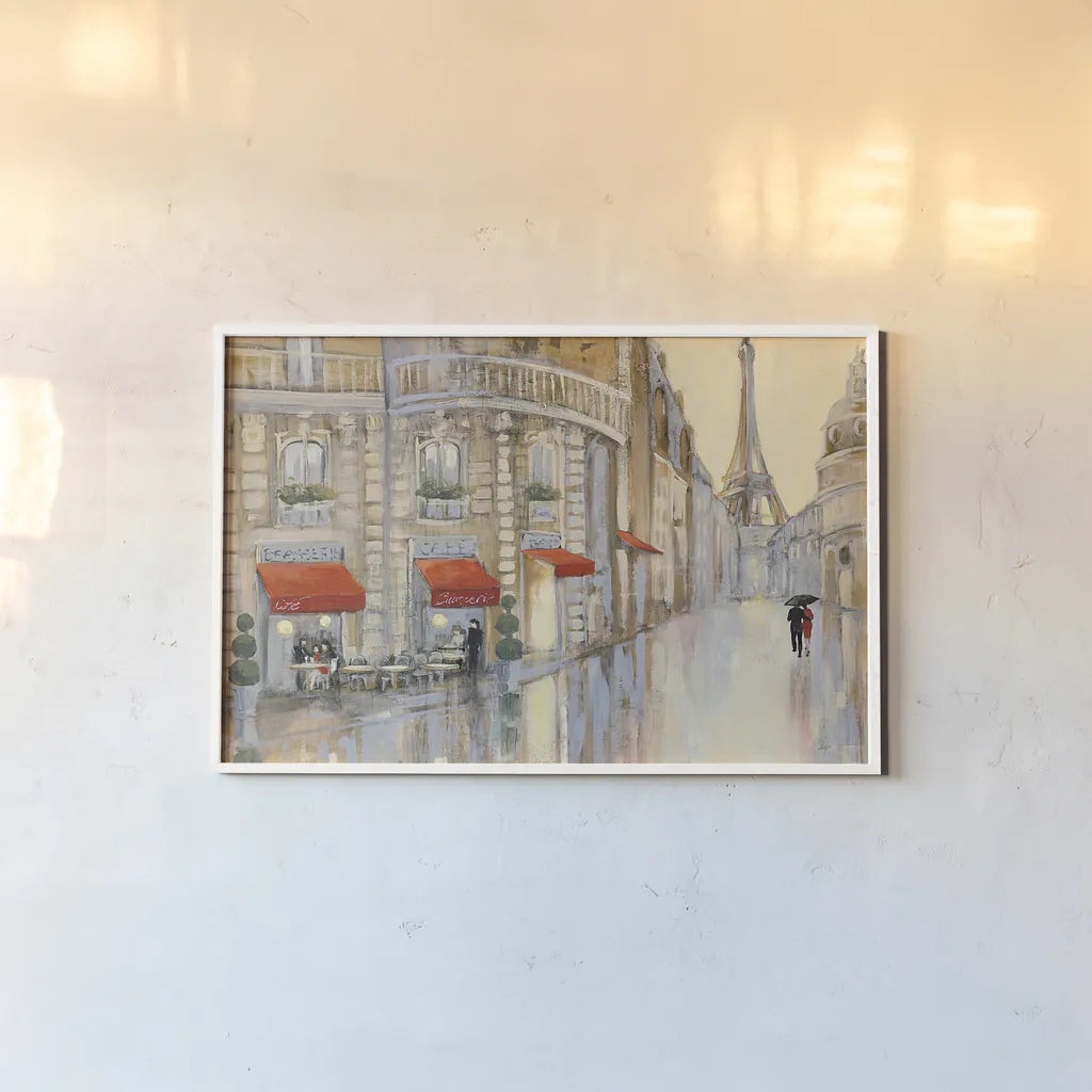 Touring Paris Couple by Julia Purinton. shown as a paper print in a white frame. Available as a archival giclee rolled canvas, fine art paper, or poster print. SKU 18793i.