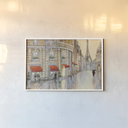 Touring Paris Couple by Julia Purinton. shown as a paper print in a white frame. Available as a archival giclee rolled canvas, fine art paper, or poster print. SKU 18793i.