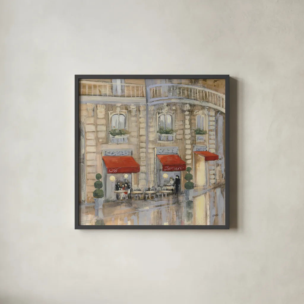 Touring Paris Couple II by Julia Purinton. Shown in a sleek black glass frame for a contemporary gallery look. Available as an archival giclee rolled canvas, fine art paper, or poster print. SKU 21837a.