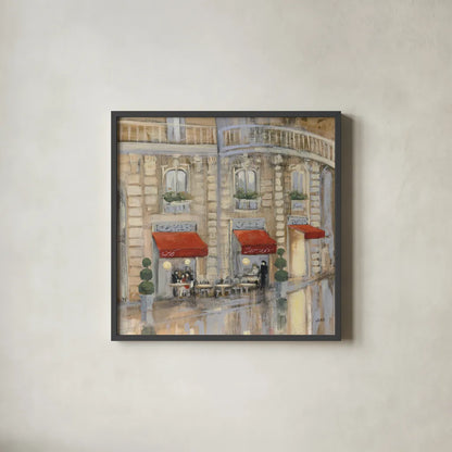 Touring Paris Couple II by Julia Purinton. Shown in a sleek black glass frame for a contemporary gallery look. Available as an archival giclee rolled canvas, fine art paper, or poster print. SKU 21837a.