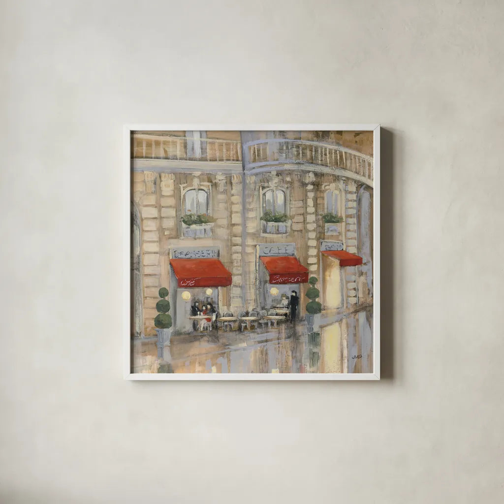 Touring Paris Couple II by Julia Purinton. Shown in a crisp white glass frame for a clean and minimalist style. Available as an archival giclee rolled canvas, fine art paper, or poster print. SKU 21837a.