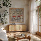 Touring Paris Couple II by Julia Purinton. Shown in a natural wood frame in a cozy modern living room. Available as an archival giclee rolled canvas, fine art paper, or poster print. SKU 21837a.
