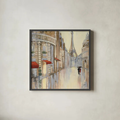 Touring Paris Couple III by Julia Purinton. Shown in a sleek black glass frame for a contemporary gallery look. Available as an archival giclee rolled canvas, fine art paper, or poster print. SKU 21838a.