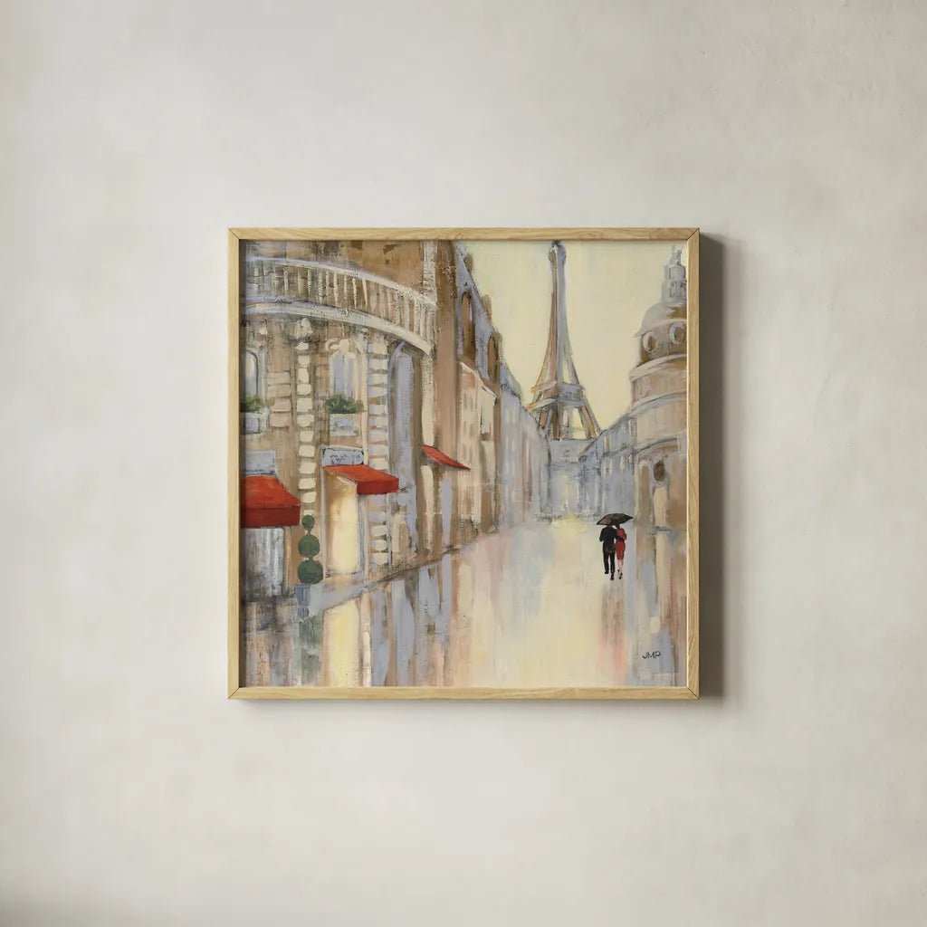 Touring Paris Couple III by Julia Purinton. Shown in a natural wood glass frame for a timeless modern aesthetic. Available as an archival giclee rolled canvas, fine art paper, or poster print. SKU 21838a.