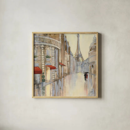 Touring Paris Couple III by Julia Purinton. Shown in a natural wood glass frame for a timeless modern aesthetic. Available as an archival giclee rolled canvas, fine art paper, or poster print. SKU 21838a.