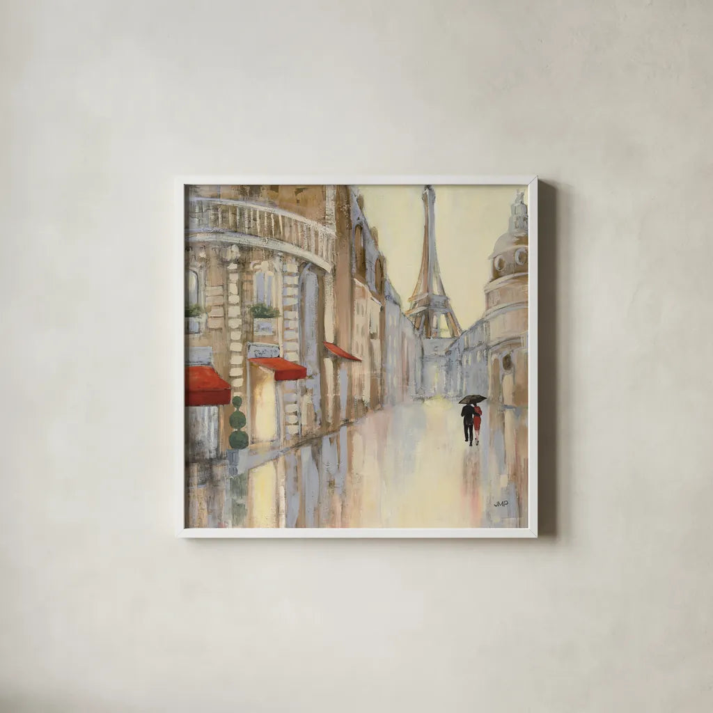 Touring Paris Couple III by Julia Purinton. Shown in a crisp white glass frame for a clean and minimalist style. Available as an archival giclee rolled canvas, fine art paper, or poster print. SKU 21838a.