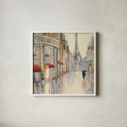 Touring Paris Couple III by Julia Purinton. Shown in a crisp white glass frame for a clean and minimalist style. Available as an archival giclee rolled canvas, fine art paper, or poster print. SKU 21838a.