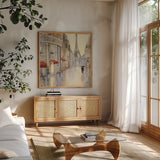 Touring Paris Couple III by Julia Purinton. Shown in a natural wood frame in a cozy modern living room. Available as an archival giclee rolled canvas, fine art paper, or poster print. SKU 21838a.
