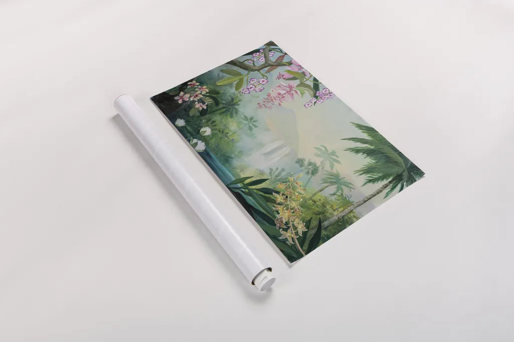 Tropical Falls by Julia Purinton. shown as a rolled paper print. Available as archival giclee rolled canvas, fine art paper, or poster print. SKU 78730i.