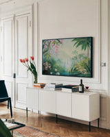 Tropical Falls by Julia Purinton. shown as a framed stretched canvas in a living room above a console. Available as a archival giclee rolled canvas, fine art paper, or poster print. SKU 78730i.