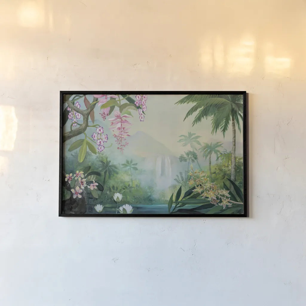 Tropical Falls by Julia Purinton. shown as a paper print in a black flame. Available as a archival giclee rolled canvas, fine art paper, or poster print. SKU 78730i.
