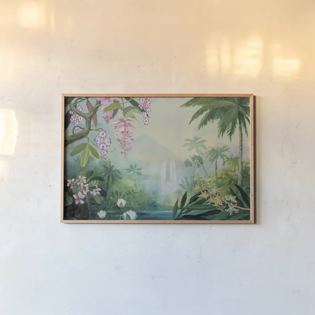 Tropical Falls by Julia Purinton. shown as a paper print in a natural frame. Available as a archival giclee rolled canvas, fine art paper, or poster print. SKU 78730i.