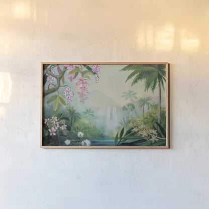 Tropical Falls by Julia Purinton. shown as a paper print in a natural frame. Available as a archival giclee rolled canvas, fine art paper, or poster print. SKU 78730i.