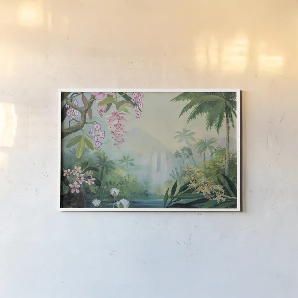 Tropical Falls by Julia Purinton. shown as a paper print in a white frame. Available as a archival giclee rolled canvas, fine art paper, or poster print. SKU 78730i.