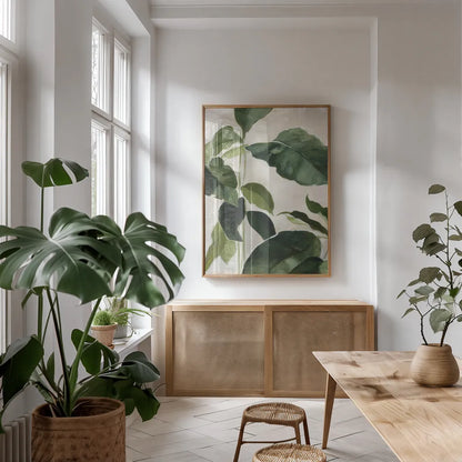 Tropical Study II Crop by Julia Purinton. shown as a print in a natural wood frame in a dining room. Available as a archival giclee rolled canvas, fine art paper, or poster print. SKU 70135h.