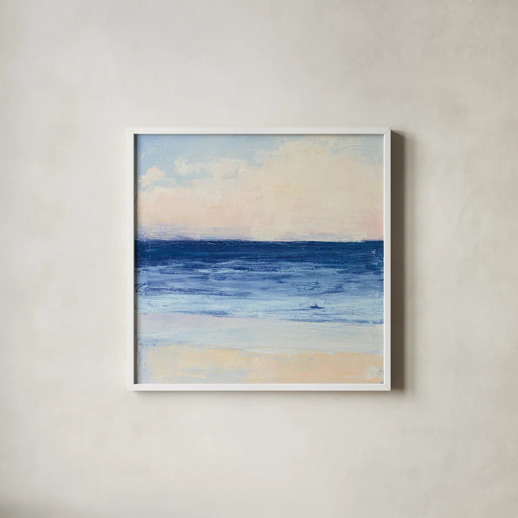 True Blue Ocean I by Julia Purinton. Shown in a crisp white glass frame for a clean and minimalist style. Available as an archival giclee rolled canvas, fine art paper, or poster print. SKU 24586a.