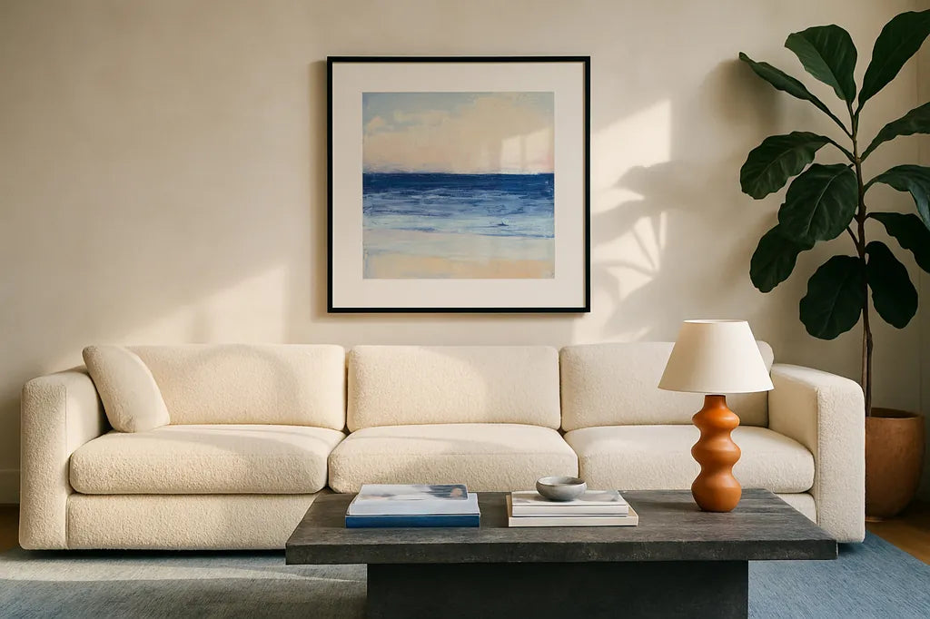 True Blue Ocean I by Julia Purinton. Displayed in a glass frame with matte in a clean modern living room. Available as an archival giclee rolled canvas, fine art paper, or poster print. SKU 24586a.
