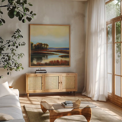 Twilight by Julia Purinton. Shown in a natural wood frame in a cozy modern living room. Available as an archival giclee rolled canvas, fine art paper, or poster print. SKU 19682a.