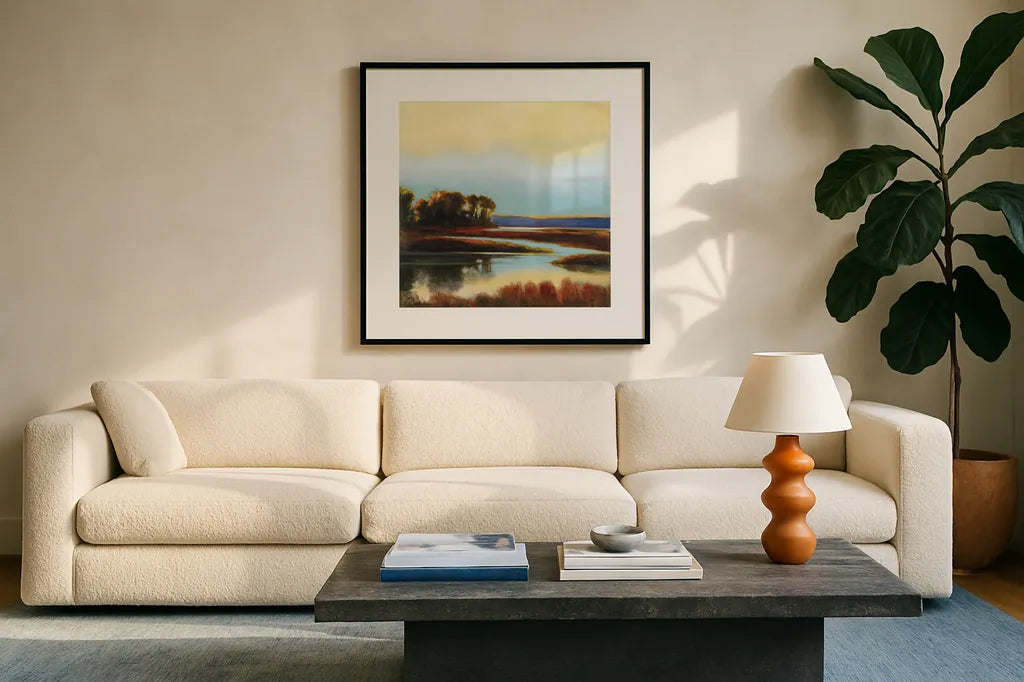 Twilight by Julia Purinton. Displayed in a glass frame with matte in a clean modern living room. Available as an archival giclee rolled canvas, fine art paper, or poster print. SKU 19682a.