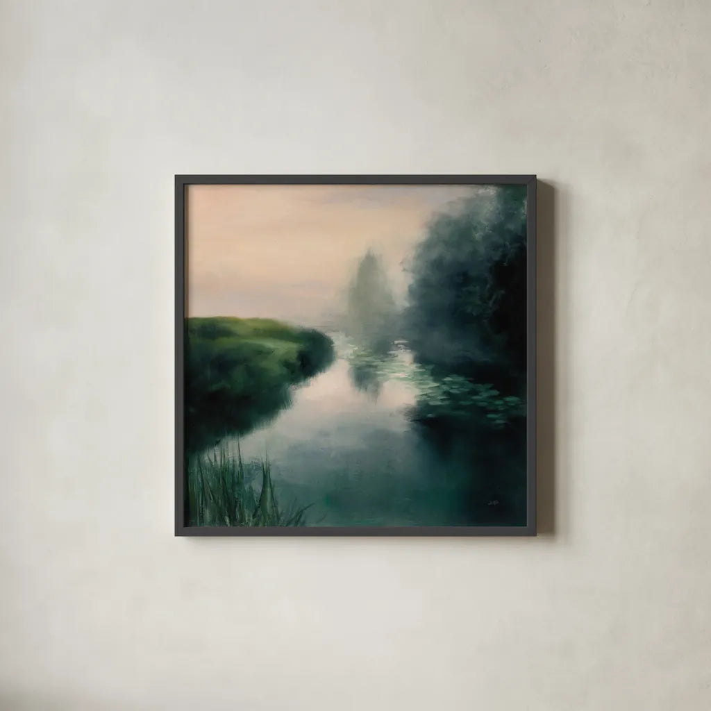 Twilight Fog by Julia Purinton. Shown in a sleek black glass frame for a contemporary gallery look. Available as an archival giclee rolled canvas, fine art paper, or poster print. SKU 45447a.