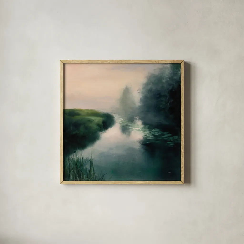 Twilight Fog by Julia Purinton. Shown in a natural wood glass frame for a timeless modern aesthetic. Available as an archival giclee rolled canvas, fine art paper, or poster print. SKU 45447a.