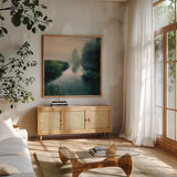 Twilight Fog by Julia Purinton. Shown in a natural wood frame in a cozy modern living room. Available as an archival giclee rolled canvas, fine art paper, or poster print. SKU 45447a.