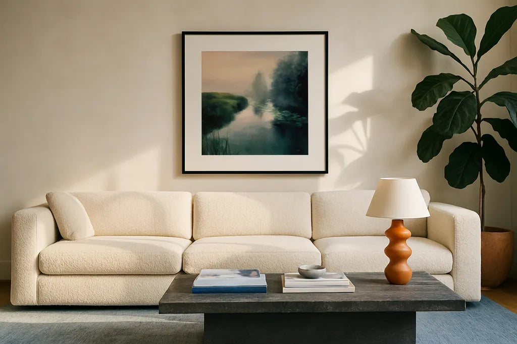 Twilight Fog by Julia Purinton. Displayed in a glass frame with matte in a clean modern living room. Available as an archival giclee rolled canvas, fine art paper, or poster print. SKU 45447a.