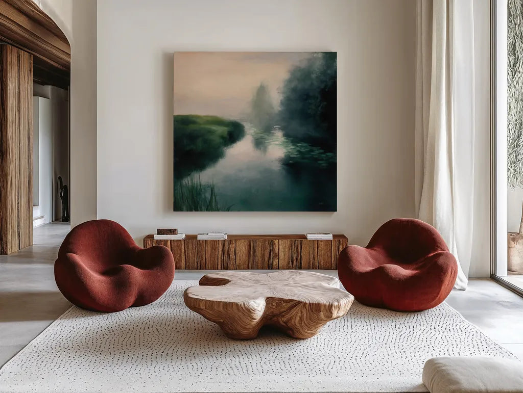 Twilight Fog by Julia Purinton. Shown as extra-large giant wall art in a modern living room. Available as an archival giclee rolled canvas, fine art paper, or poster print. SKU 45447a.