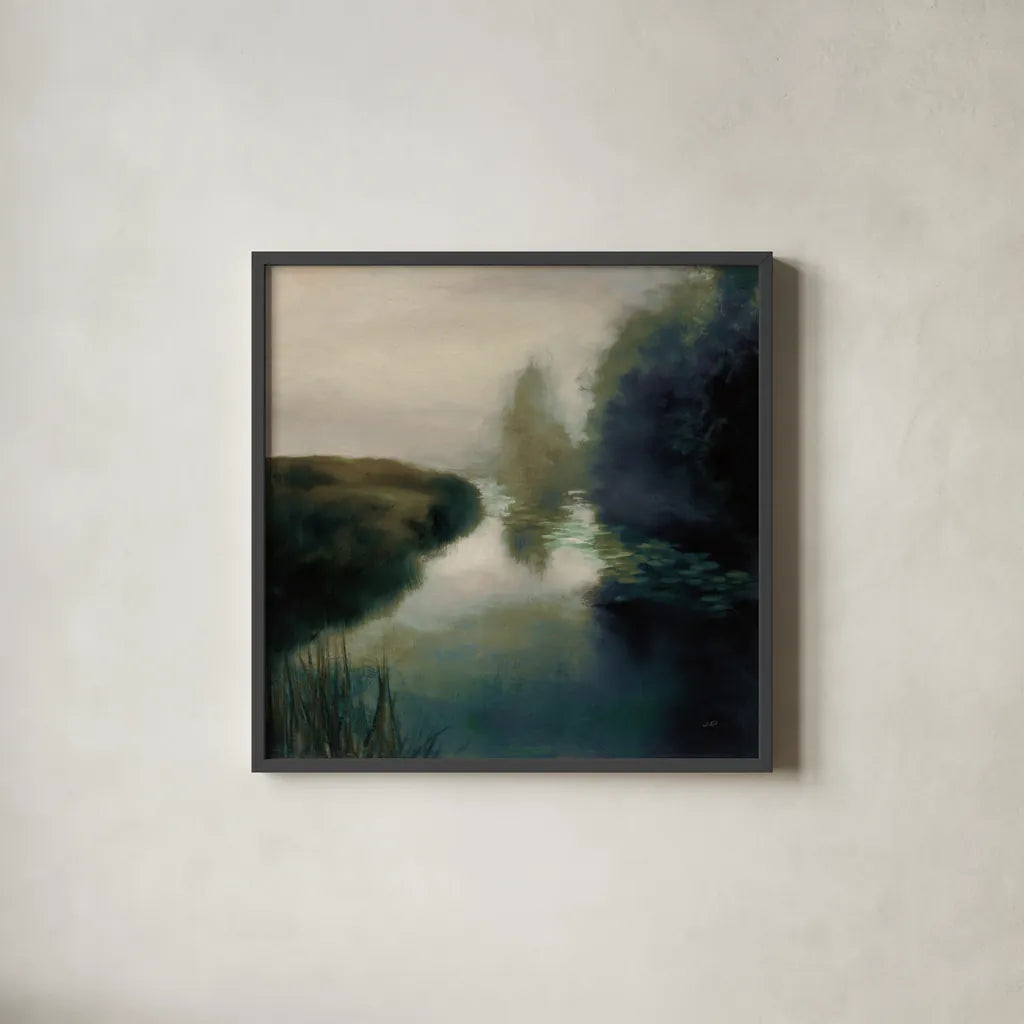 Twilight Fog Dark by Julia Purinton. Shown in a sleek black glass frame for a contemporary gallery look. Available as an archival giclee rolled canvas, fine art paper, or poster print. SKU 78313a.