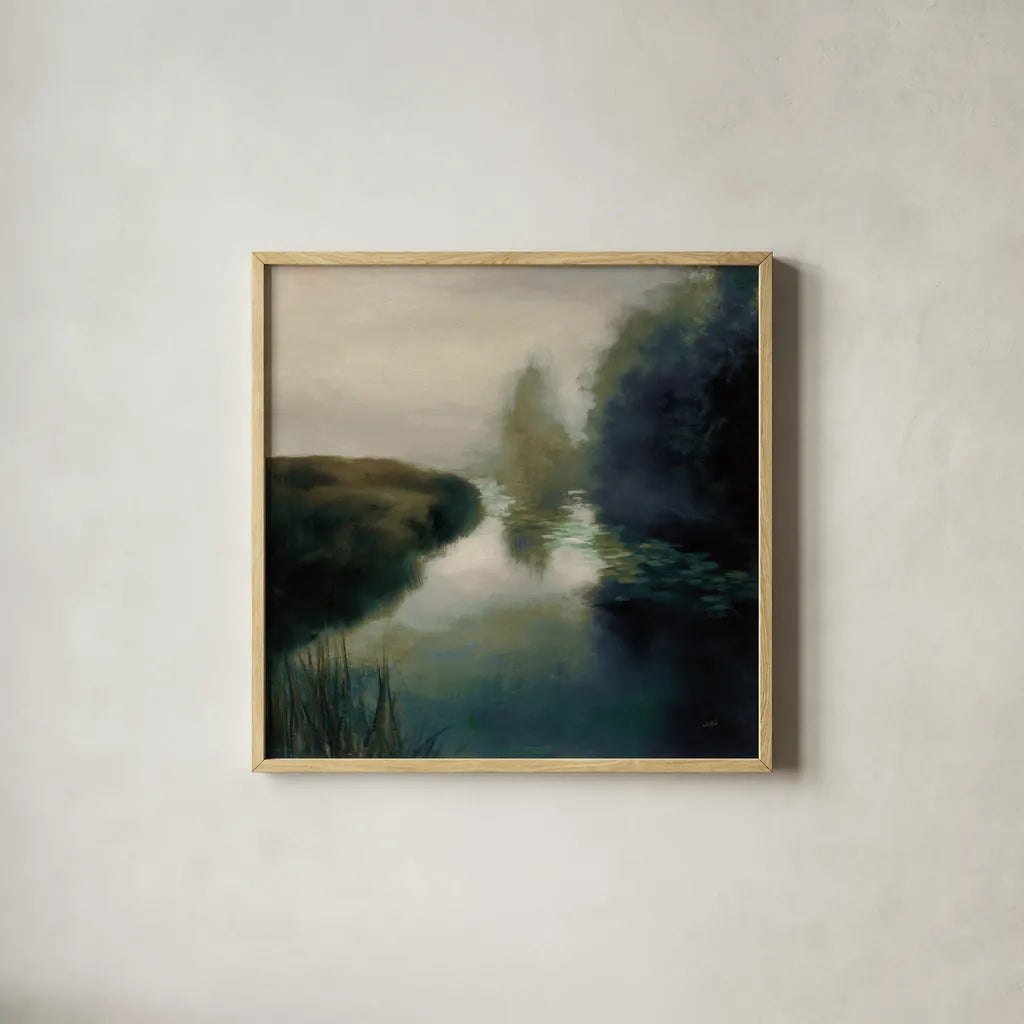 Twilight Fog Dark by Julia Purinton. Shown in a natural wood glass frame for a timeless modern aesthetic. Available as an archival giclee rolled canvas, fine art paper, or poster print. SKU 78313a.