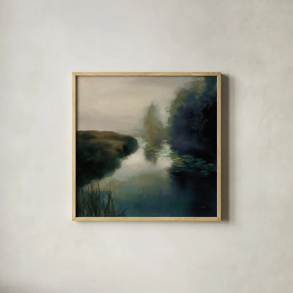 Twilight Fog Dark by Julia Purinton. Shown in a natural wood glass frame for a timeless modern aesthetic. Available as an archival giclee rolled canvas, fine art paper, or poster print. SKU 78313a.