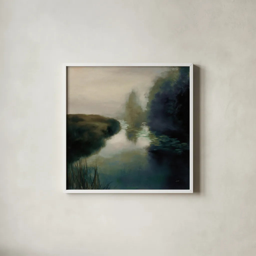 Twilight Fog Dark by Julia Purinton. Shown in a crisp white glass frame for a clean and minimalist style. Available as an archival giclee rolled canvas, fine art paper, or poster print. SKU 78313a.