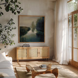 Twilight Fog Dark by Julia Purinton. Shown in a natural wood frame in a cozy modern living room. Available as an archival giclee rolled canvas, fine art paper, or poster print. SKU 78313a.