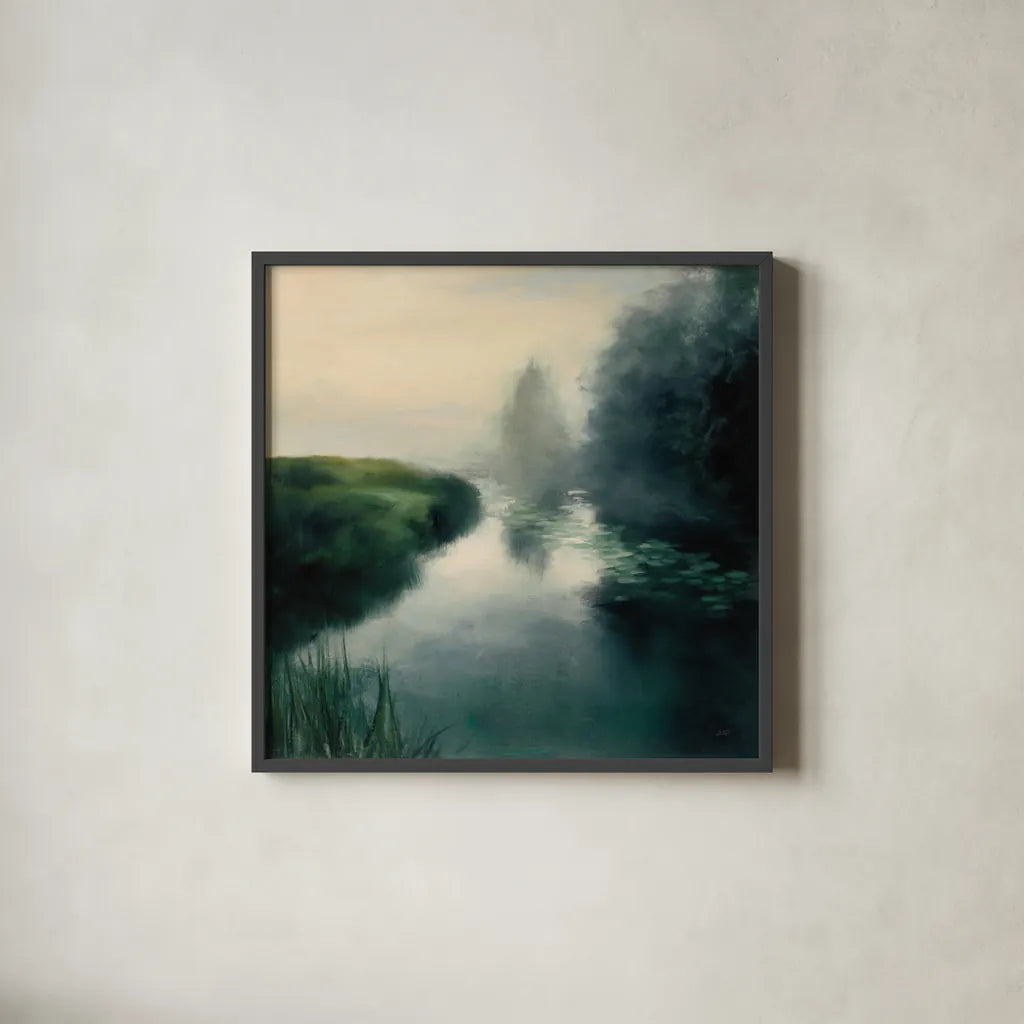 Twilight Fog Neutral by Julia Purinton. Shown in a sleek black glass frame for a contemporary gallery look. Available as an archival giclee rolled canvas, fine art paper, or poster print. SKU 48708a.