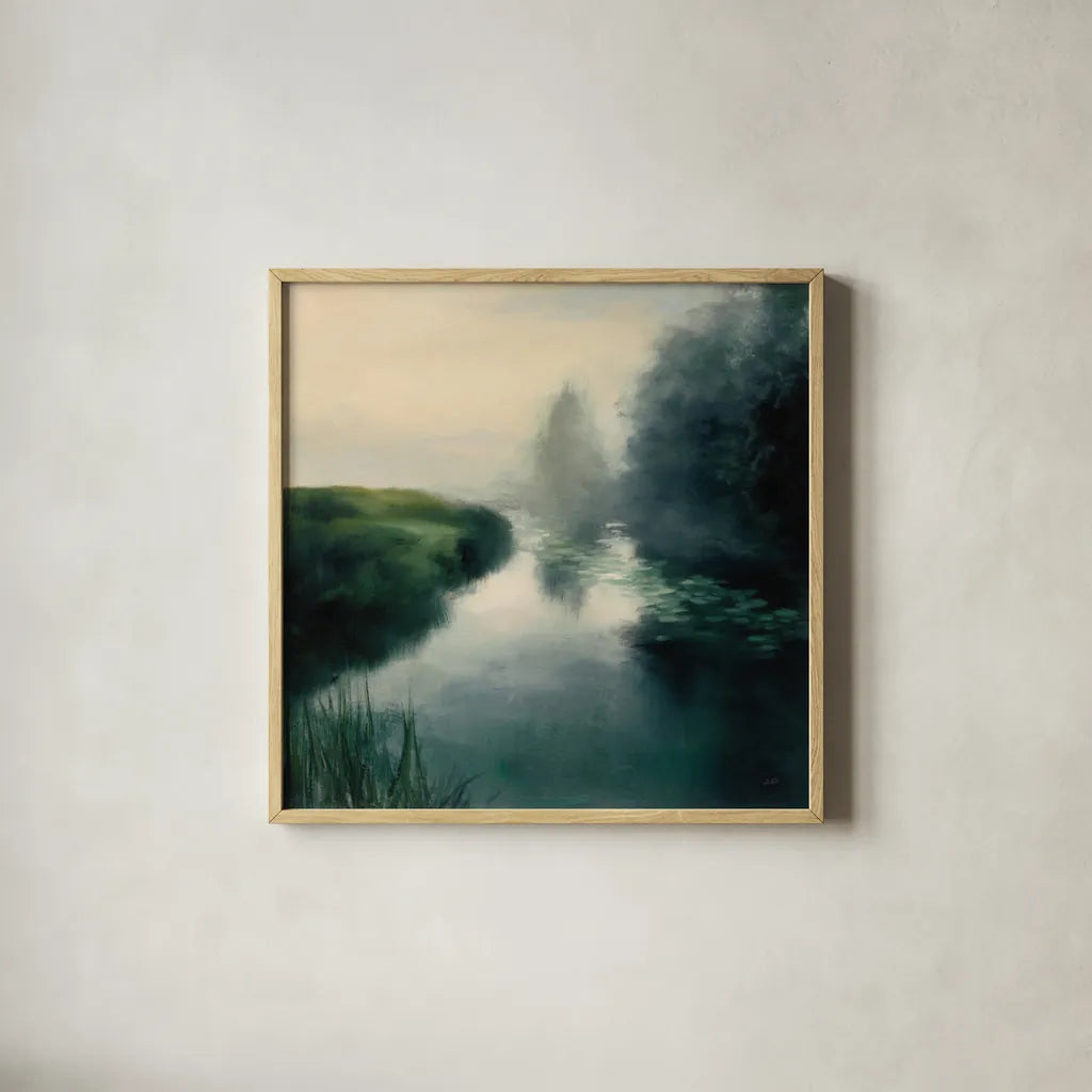 Twilight Fog Neutral by Julia Purinton. Shown in a natural wood glass frame for a timeless modern aesthetic. Available as an archival giclee rolled canvas, fine art paper, or poster print. SKU 48708a.