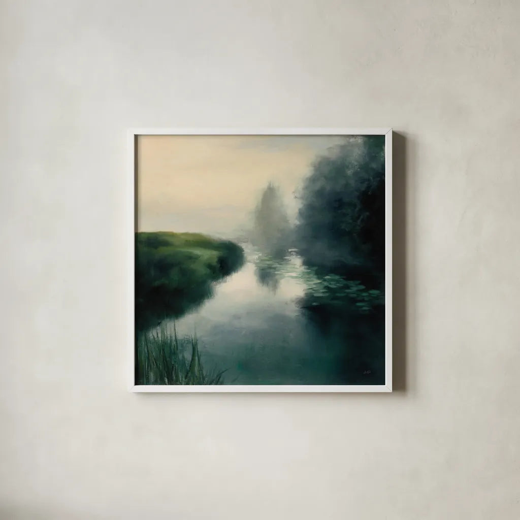 Twilight Fog Neutral by Julia Purinton. Shown in a crisp white glass frame for a clean and minimalist style. Available as an archival giclee rolled canvas, fine art paper, or poster print. SKU 48708a.