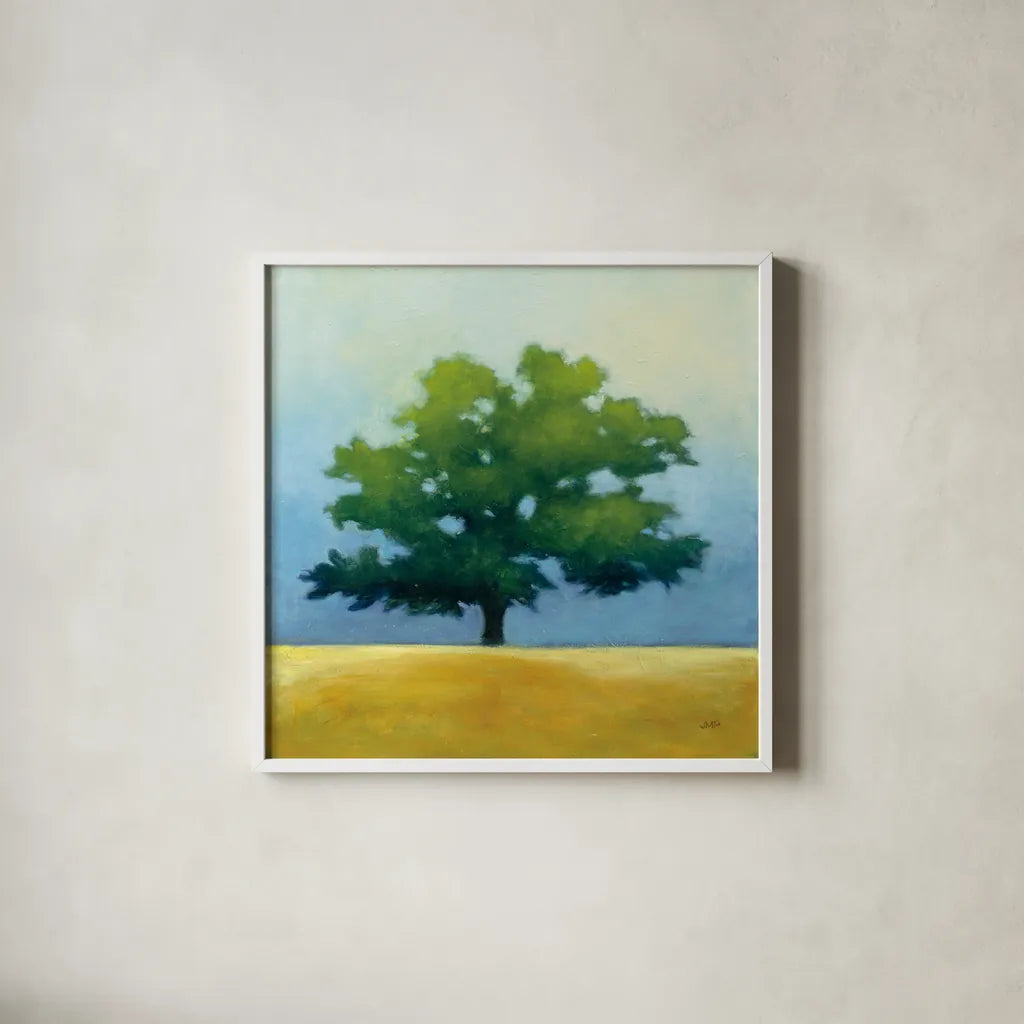 Under the Oak I by Julia Purinton. Shown in a crisp white glass frame for a clean and minimalist style. Available as an archival giclee rolled canvas, fine art paper, or poster print. SKU 21999a.