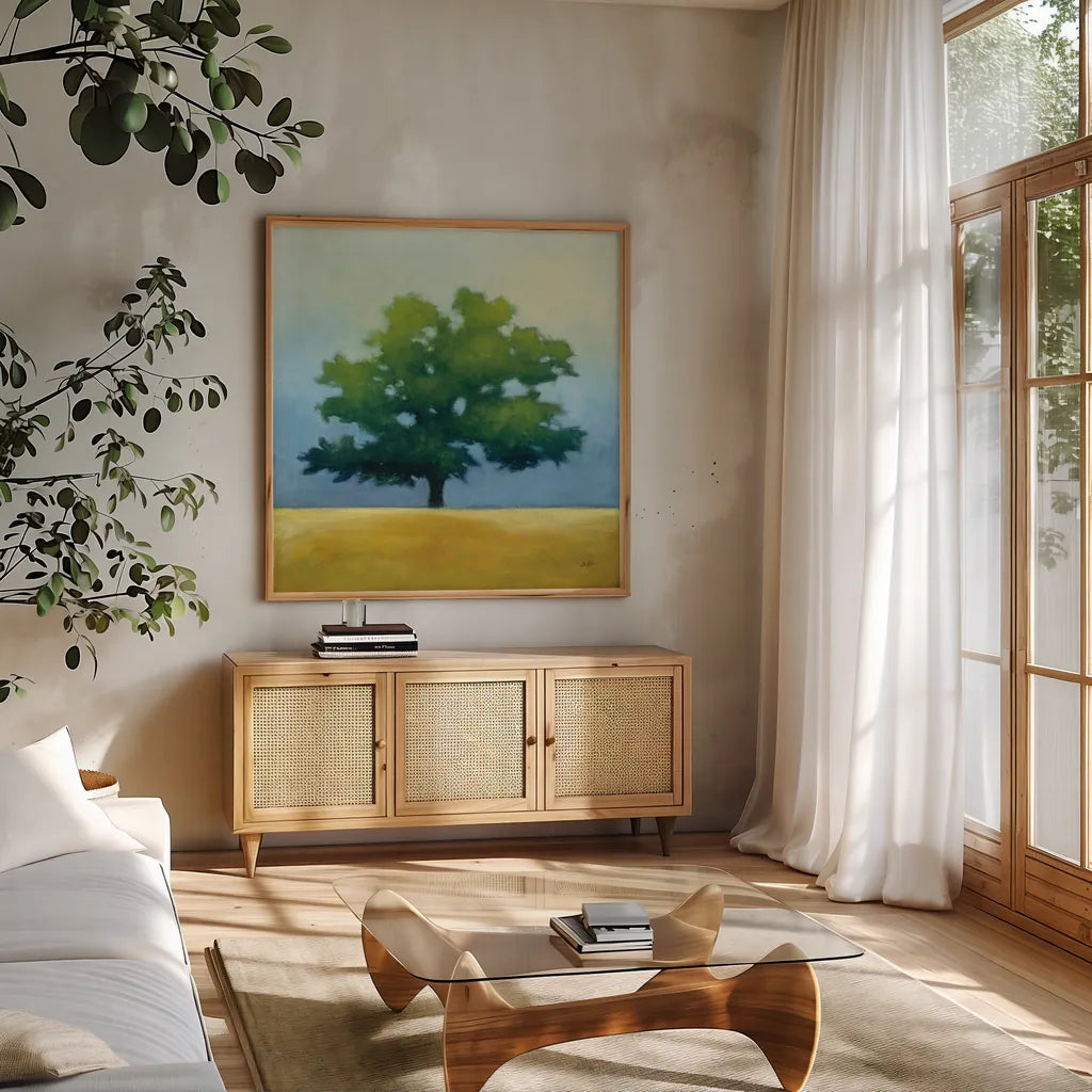 Under the Oak I by Julia Purinton. Shown in a natural wood frame in a cozy modern living room. Available as an archival giclee rolled canvas, fine art paper, or poster print. SKU 21999a.