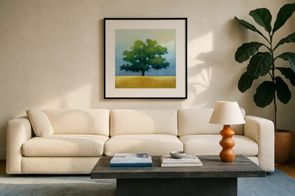 Under the Oak I by Julia Purinton. Displayed in a glass frame with matte in a clean modern living room. Available as an archival giclee rolled canvas, fine art paper, or poster print. SKU 21999a.