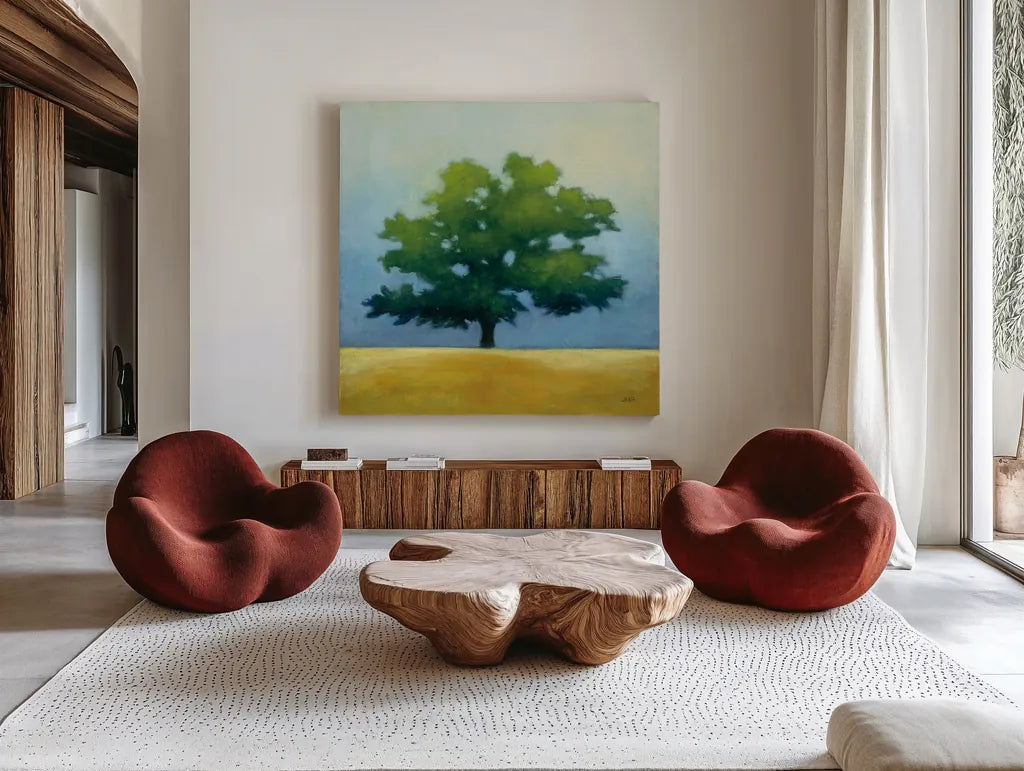 Under the Oak I by Julia Purinton. Shown as extra-large giant wall art in a modern living room. Available as an archival giclee rolled canvas, fine art paper, or poster print. SKU 21999a.