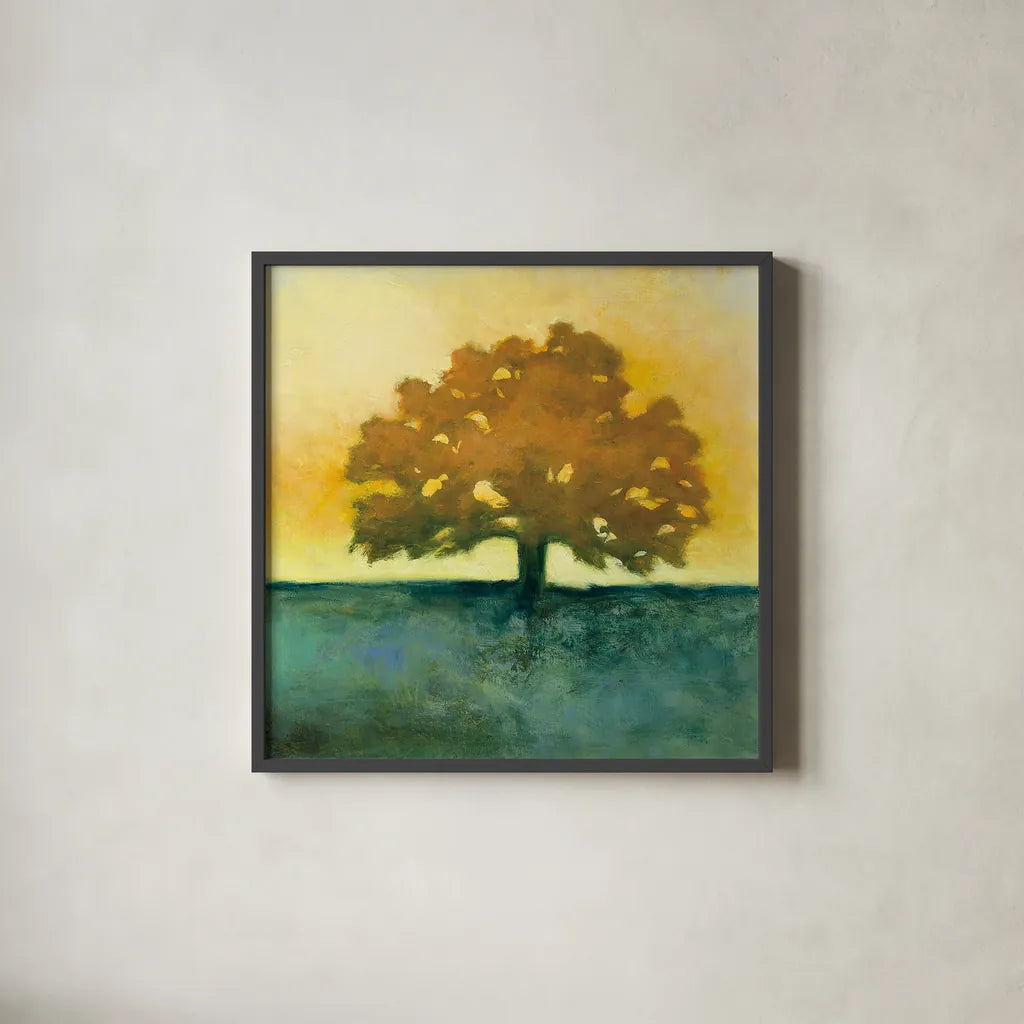 Under the Oak II by Julia Purinton. Shown in a sleek black glass frame for a contemporary gallery look. Available as an archival giclee rolled canvas, fine art paper, or poster print. SKU 22000a.