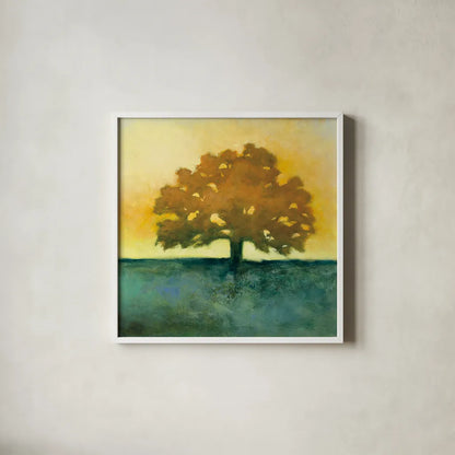 Under the Oak II by Julia Purinton. Shown in a crisp white glass frame for a clean and minimalist style. Available as an archival giclee rolled canvas, fine art paper, or poster print. SKU 22000a.