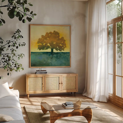 Under the Oak II by Julia Purinton. Shown in a natural wood frame in a cozy modern living room. Available as an archival giclee rolled canvas, fine art paper, or poster print. SKU 22000a.