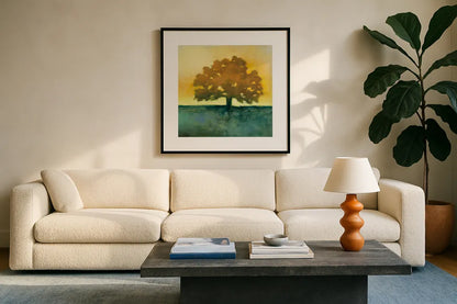 Under the Oak II by Julia Purinton. Displayed in a glass frame with matte in a clean modern living room. Available as an archival giclee rolled canvas, fine art paper, or poster print. SKU 22000a.