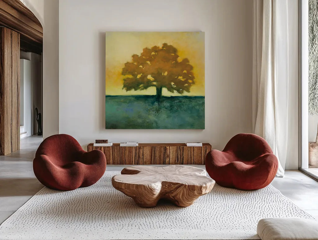 Under the Oak II by Julia Purinton. Shown as extra-large giant wall art in a modern living room. Available as an archival giclee rolled canvas, fine art paper, or poster print. SKU 22000a.