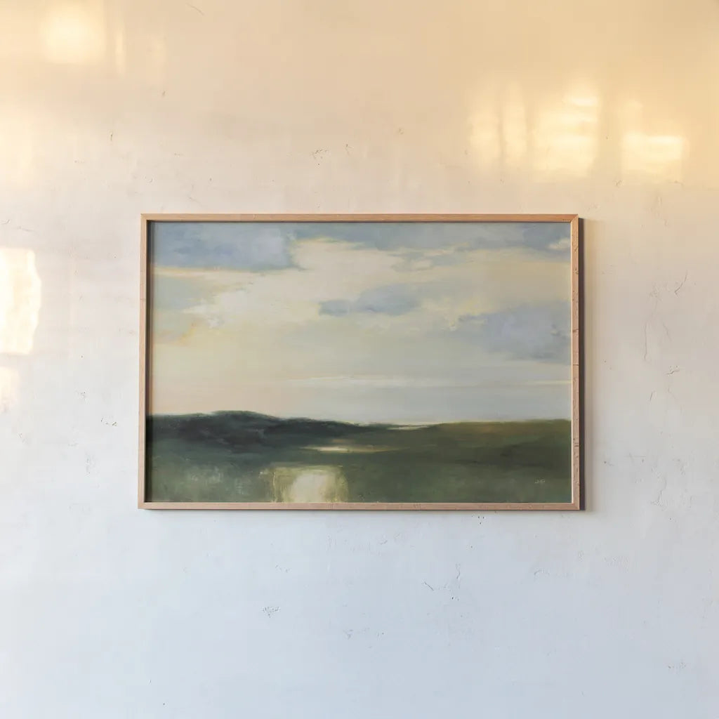 Verdant Horizon by Julia Purinton. shown as a paper print in a natural frame. Available as a archival giclee rolled canvas, fine art paper, or poster print. SKU 95220i.