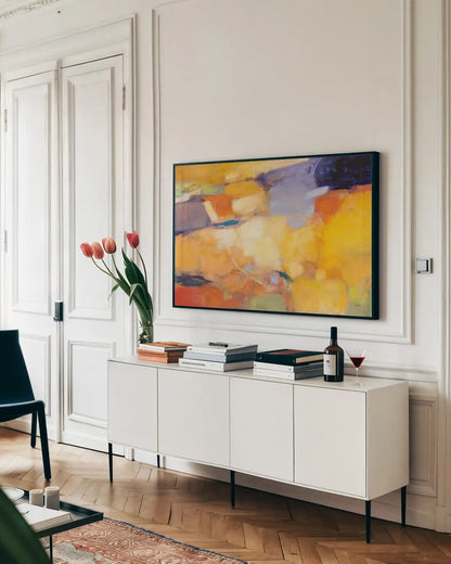 Vibrant by Julia Purinton. shown as a framed stretched canvas in a living room above a console. Available as a archival giclee rolled canvas, fine art paper, or poster print. SKU 87782i.