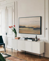 View From the Top Neutral by Julia Purinton. shown as a framed stretched canvas in a living room above a console. Available as a archival giclee rolled canvas, fine art paper, or poster print. SKU 68942i.